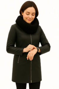 Women’s Long Leather Coat with Wool Rounded Neck - Trendy Leather Jacket for Women