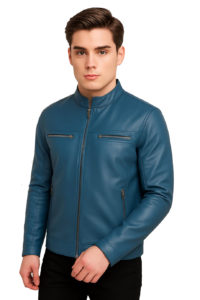 Men’s Stylish Blue Leather Biker Jacket Durable Outerwear