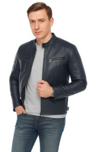 Men’s Athletic Leather Jacket – Navy Blue Stylish Outerwear