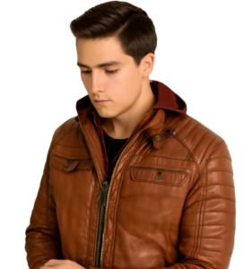 Premium Tan Leather Jacket Quilted Design & Detachable Hood