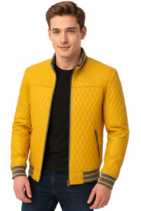 Yellow Quilted Leather Bomber for Men Fashionable Leather Jacket