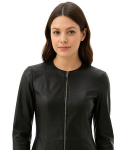 Black Leather Jacket for Women without Collar - Authentic Sheepskin Leather