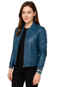 Blue Leather Bomber Jacket for Women - Guaranteed Authentic Leather