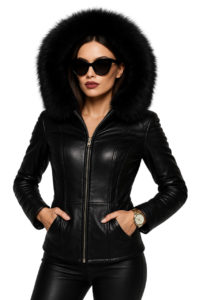 Women’s Black Leather Sheepskin Jacket with Removable Cap Stylish Zip Outerwear